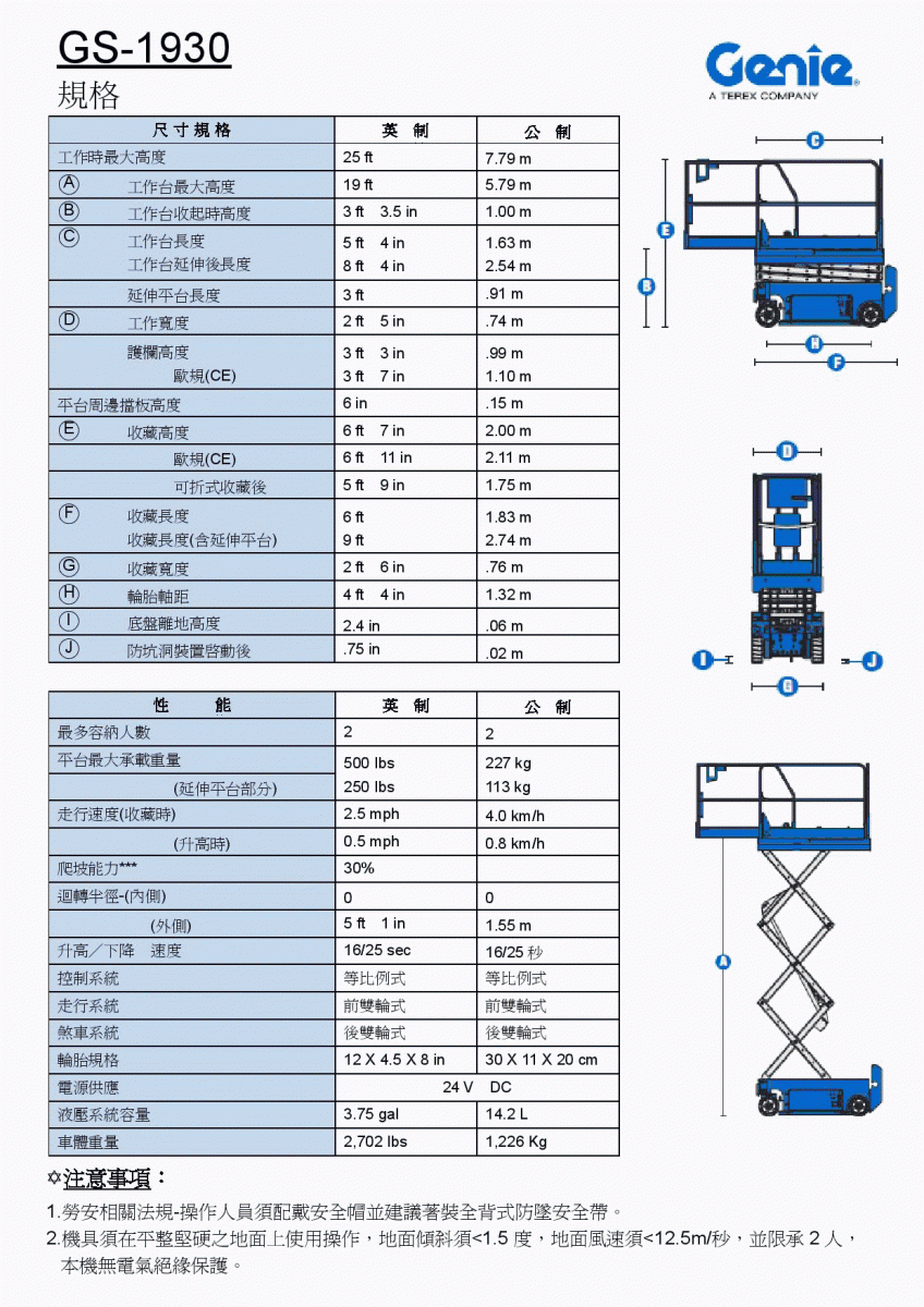 高空作業車租賃GS-1930剪刀車(6米)規格